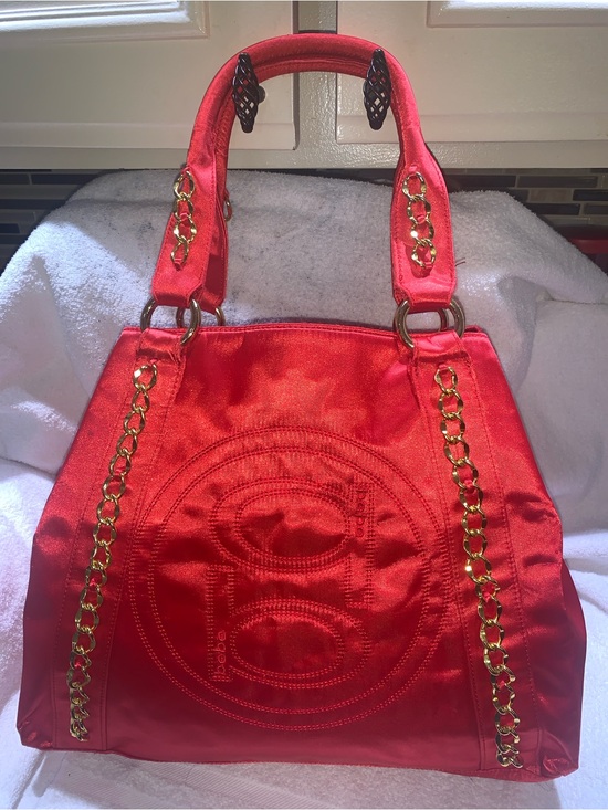 bebe Handbags - bebe Red Satin Shoulder Tote with Gold Chain Accents